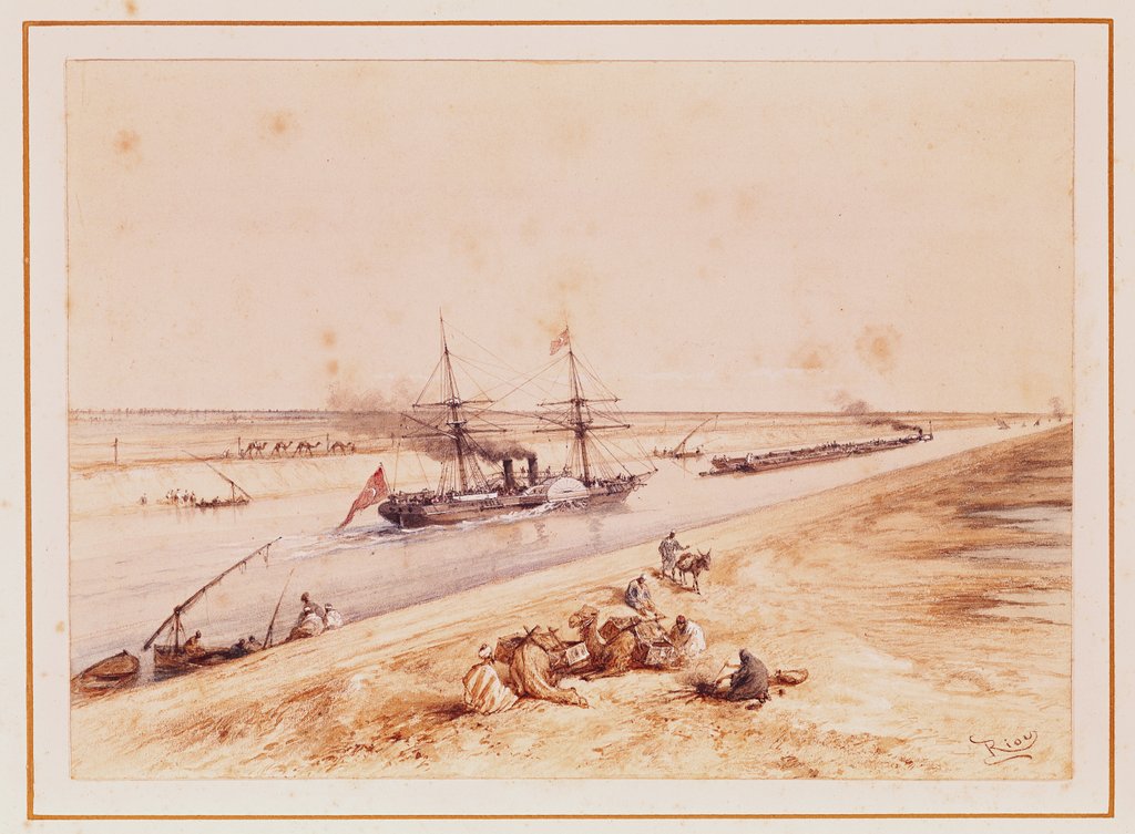 Detail of A Turkish Paddle Steamer Going Up the Suez Canal, from a souvenir album to commemorate the Voyage of Empress Eugenie at the Inauguration in 1869 by Edouard Riou