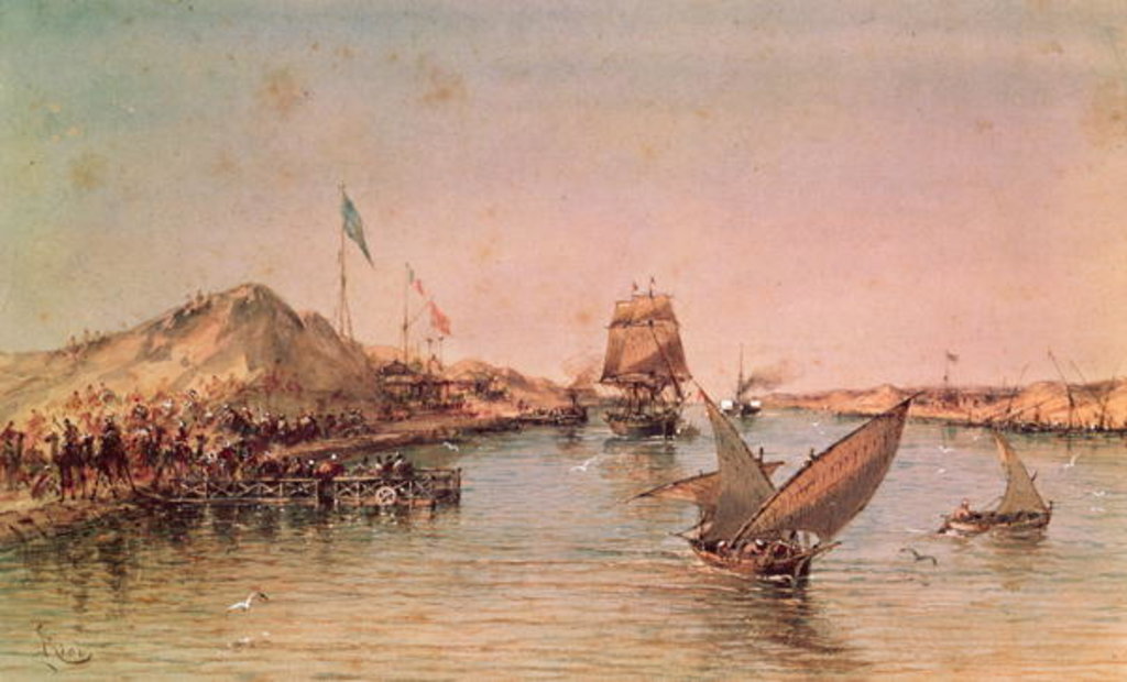 Detail of Shipping on the Suez Canal, from a souvenir album commemorating the Voyage of Empress Eugenie at the Inauguration in 1869 by Edouard Riou
