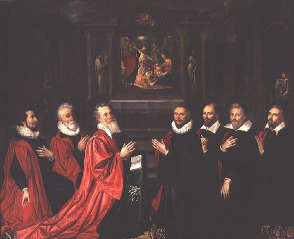 Detail of The Corps de Ville praying before an altarpiece of the Nativity, 1614 by French School