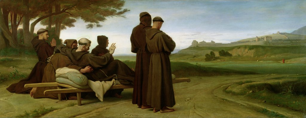 Detail of St. Francis of Assisi, while being carried to his final resting place at Saint-Marie-des-Anges, blesses the town of Assisi in 1226, 1853 by Francois Leon Benouville