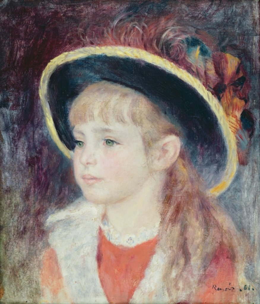 Detail of Young girl with a blue hat: portrait of Jeanne Henriot, 1881 by Pierre Auguste Renoir