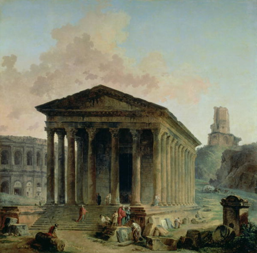 Detail of The Maison Carree with the Amphitheatre and the Tour Magne at Nimes, 1786-87 by Hubert Robert