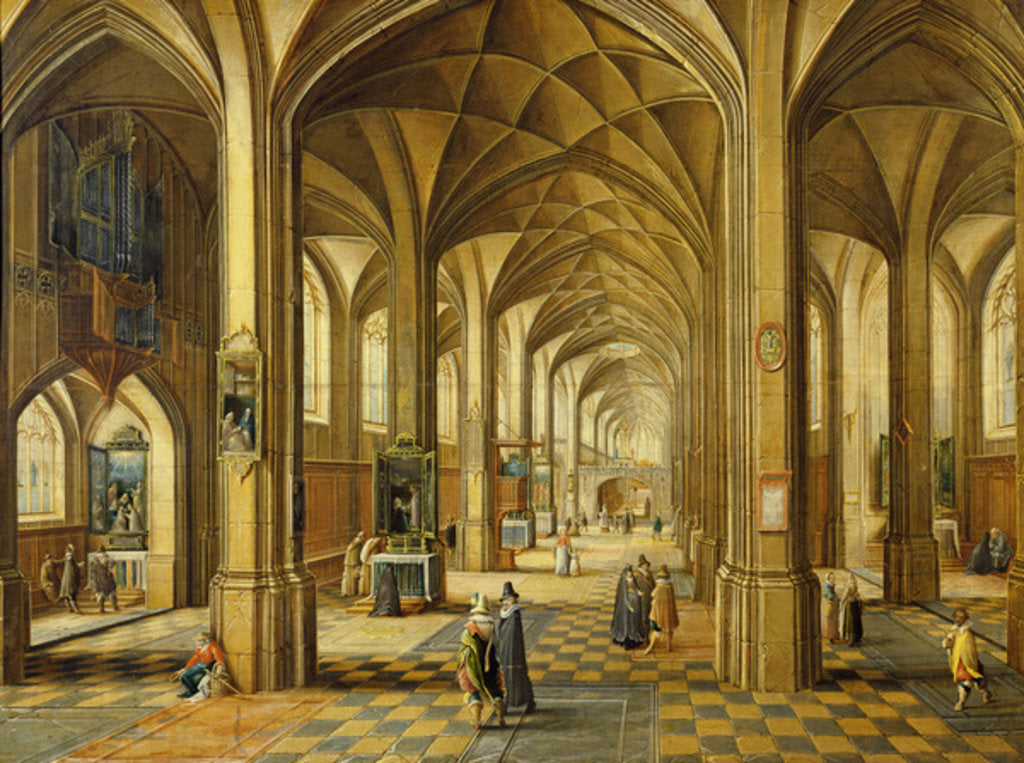 Detail of Interior of a Gothic style church with three naves by Hendrik the Younger Steenwyck