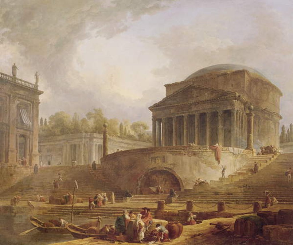 Detail of Porto di Ripetta in Rome, with the Pantheon, architectural tableau, 1766 by Hubert Robert