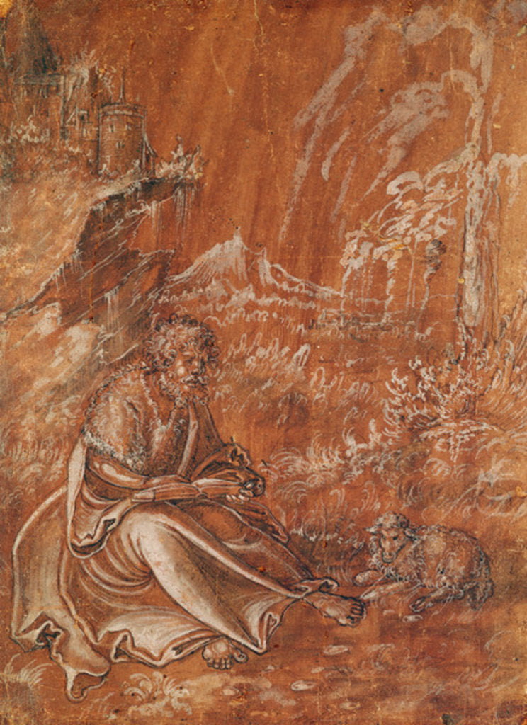 Detail of Saint John the Baptist seated in a Mountainous Landscape by Lucas the Elder Cranach