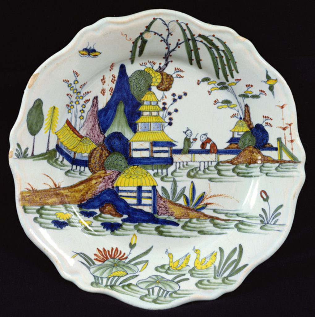 Detail of Polychrome Plate, Chinese Landscape of a Lake, created in the Sinceny Atelier by French School