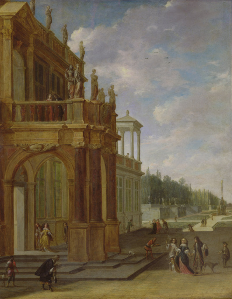 Detail of People on the terrace of a palace by Isaac van Nickele