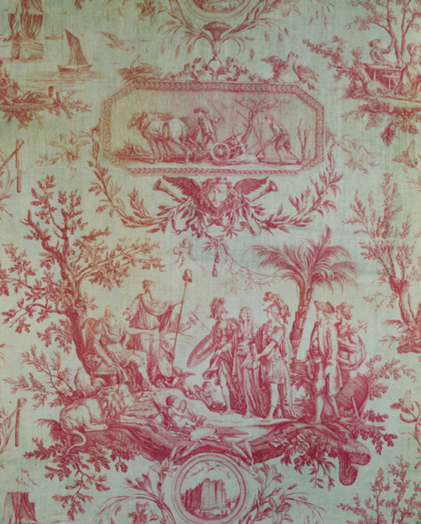 Detail of Toile de Jouy, Illustrating an Allegory of Louis XVI, King of France, restorer of liberty in February 1790 by French School