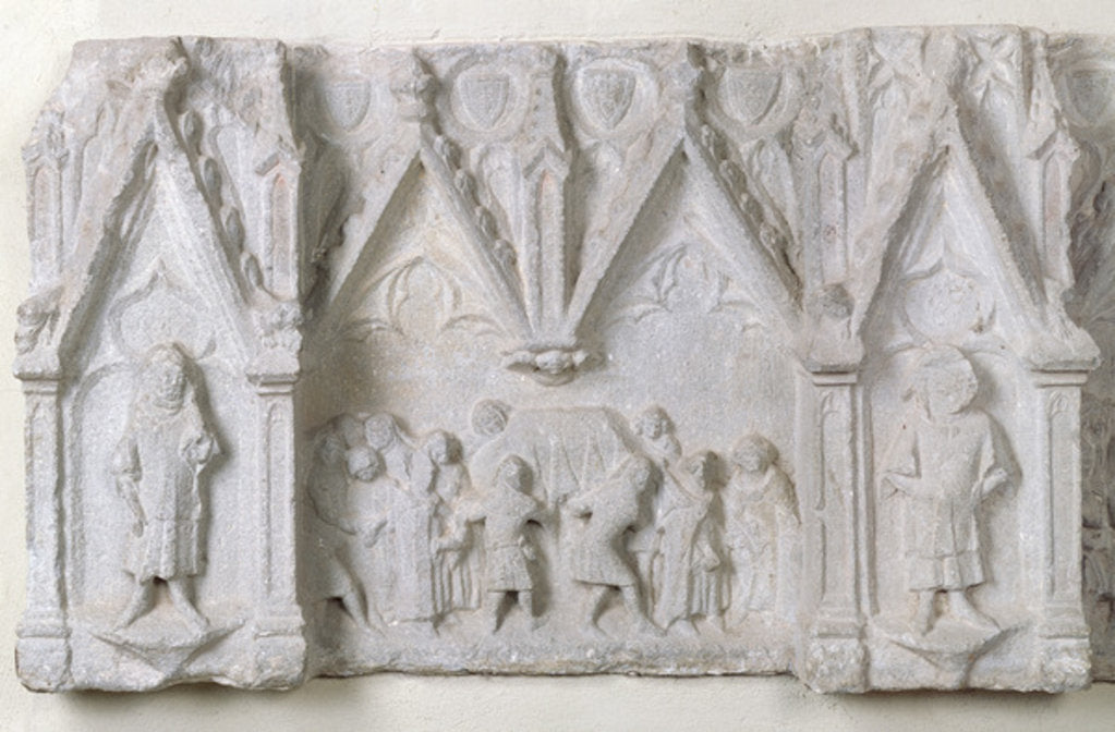 Detail of Burial Scene, coffin being carried by four mourners, an elderly woman is surrounded by three men by French School