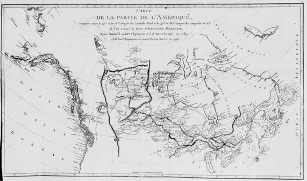 Detail of Map of North America, plotting the expeditions of Sir Alexander Mackenzie in 1789 and 1798 to the Arctic Ocean by French School