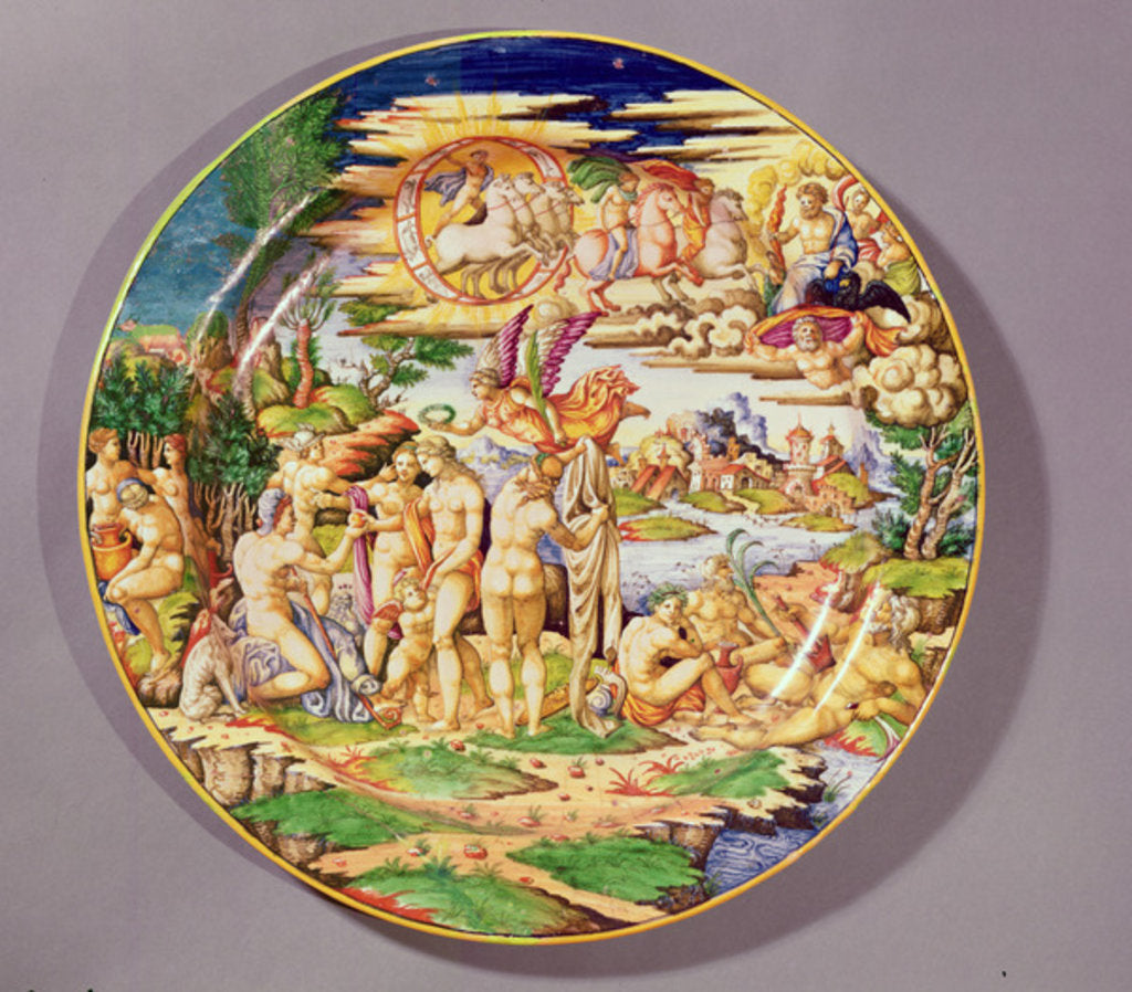 Detail of Large platter depicting the Judgement of Paris, made at the Atelier de Faenza by Raphael