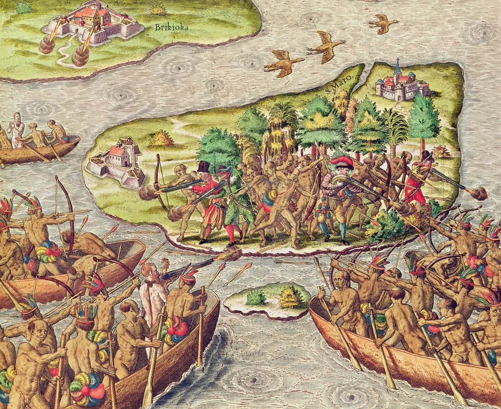 Detail of Hans Staden is captured by native Americans in Brazil by Theodor de Bry