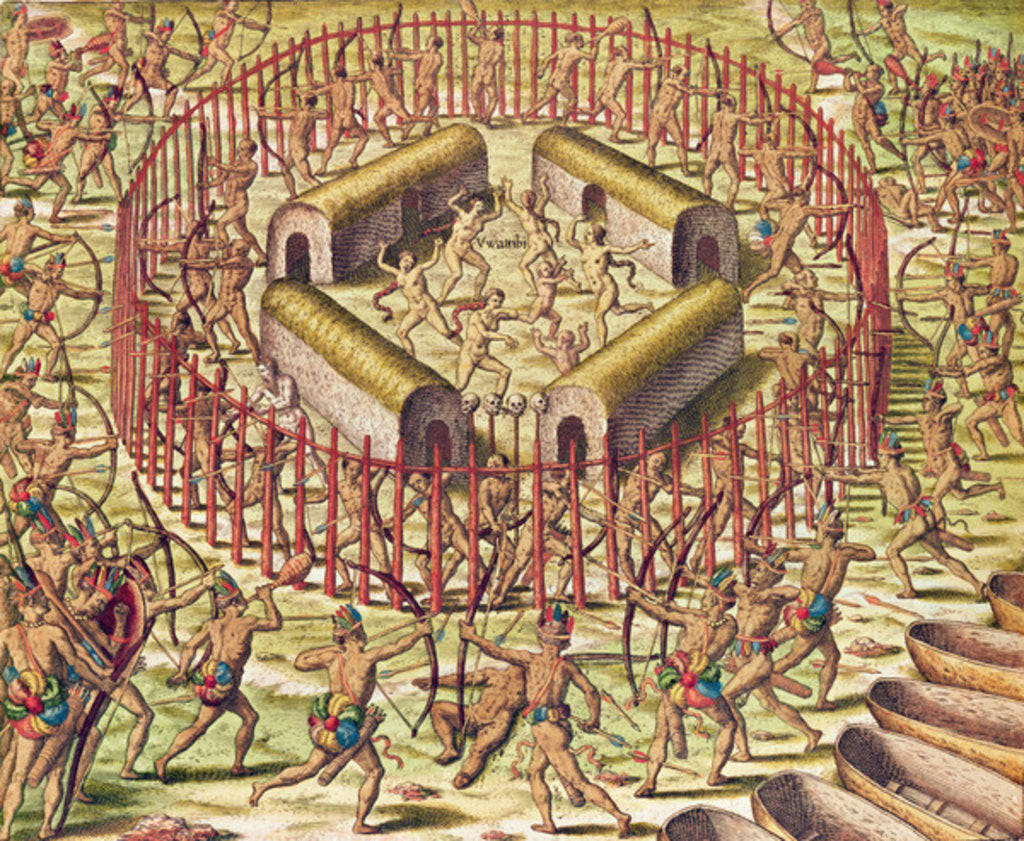Detail of Americae Tertia Pars, attacl of the village by the Tuppinjkinsij, 1562 by Theodor de Bry