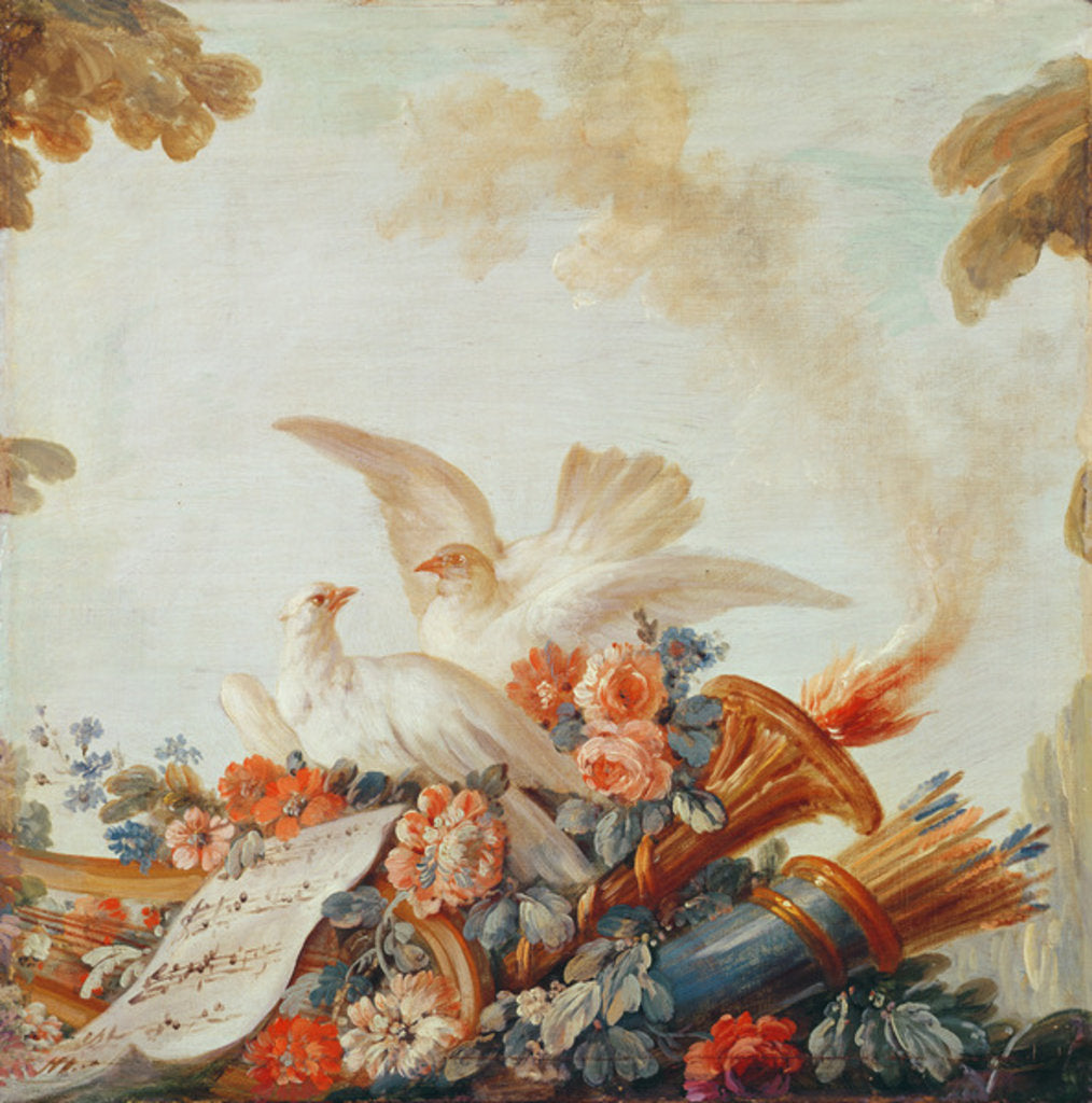 Detail of Salon of the Print-maker Gilles Demarteau, above the door: doves and sheet music, c.1750-65 by Francois Boucher