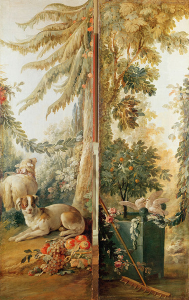 Detail of Salon of the print-maker Gilles Demarteau, two panels 1. dog and sheep 2. planted Orange tree with pecking doves by Jean-Baptiste Huet