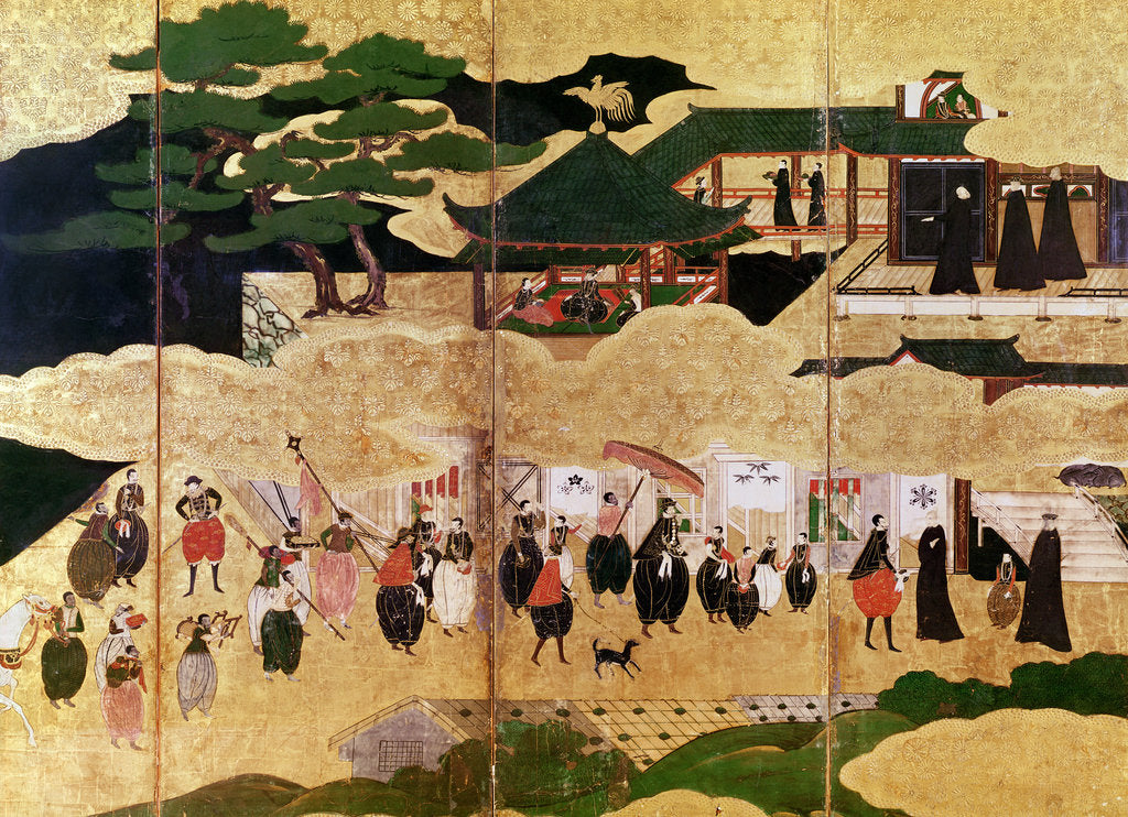 Detail of The Arrival of the Portuguese in Japan, 16th century by School Kano