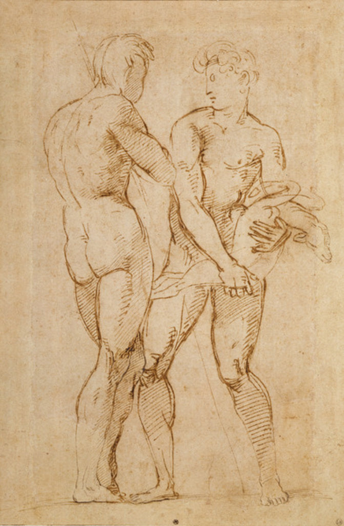 Detail of Two Nude Men Standing, one holding a lamb by Raphael
