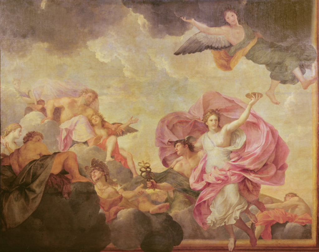 Detail of Ceiling of the Hôtel de l'Abbé de La Rivière: Mercury abducting Psyche to Mount Olympus, 1653 by Charles Le Brun