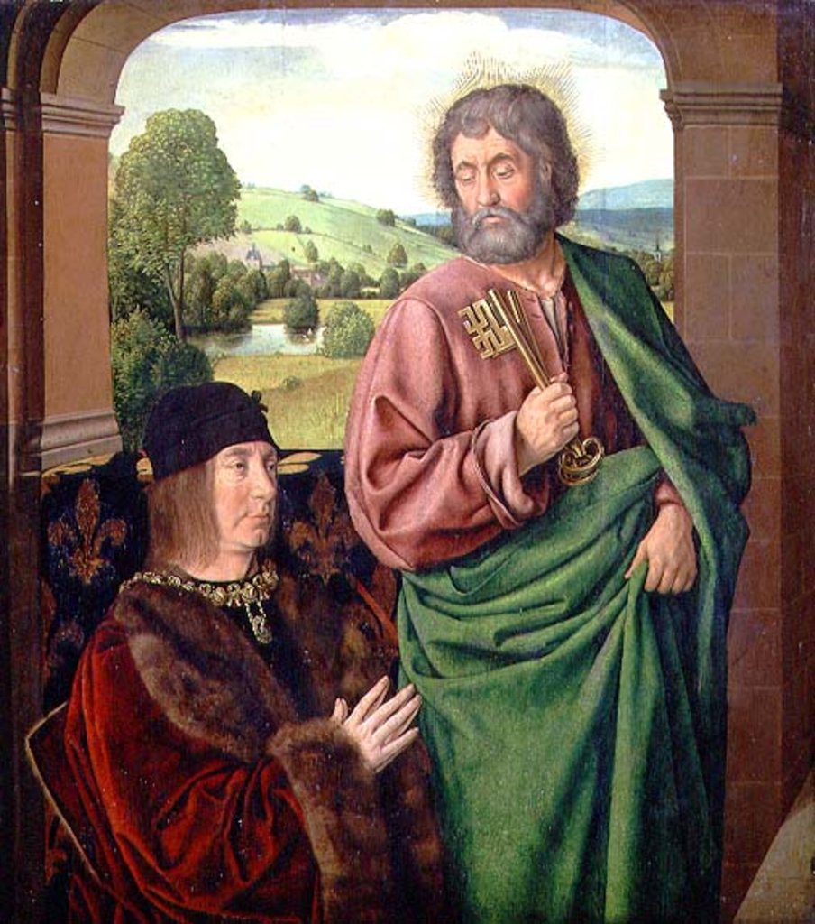Detail of Peter II Duke of Bourbon presented by St. Peter, left hand wing of a triptych, c.1492-93 by (fl.c.1483-c.1529) Master of Moulins