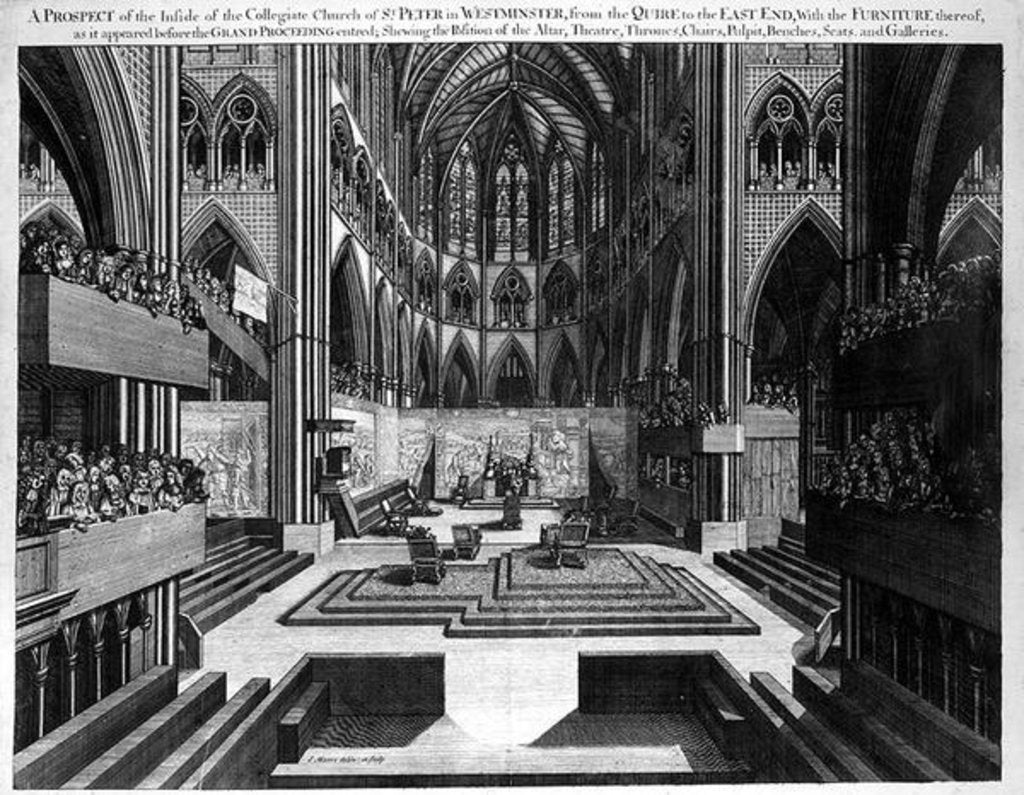 Detail of A Prospect of the Inside of the Collegiate Church of St. Peter in Westminster before the Coronation of James II 1688 by Samuel Moore