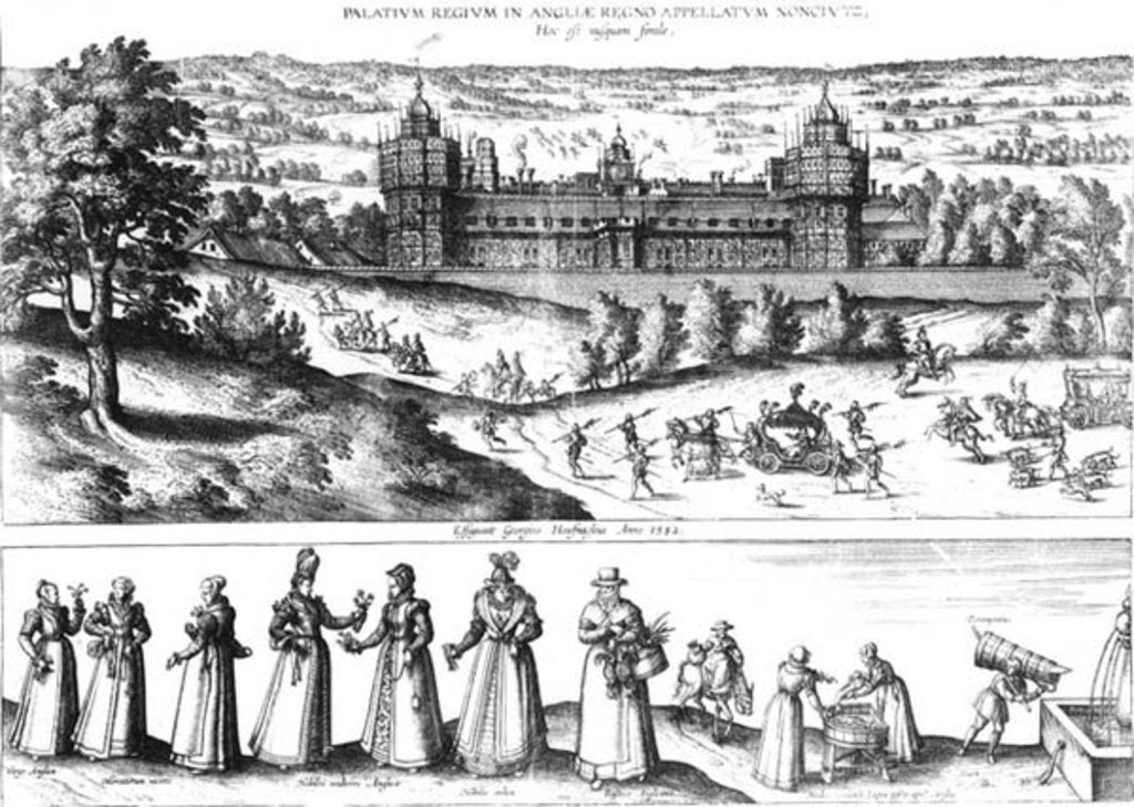 Detail of Arrival of Queen Elizabeth I at Nonesuch Palace and men and women from Tudor society, 1582 by Joris Hoefnagel
