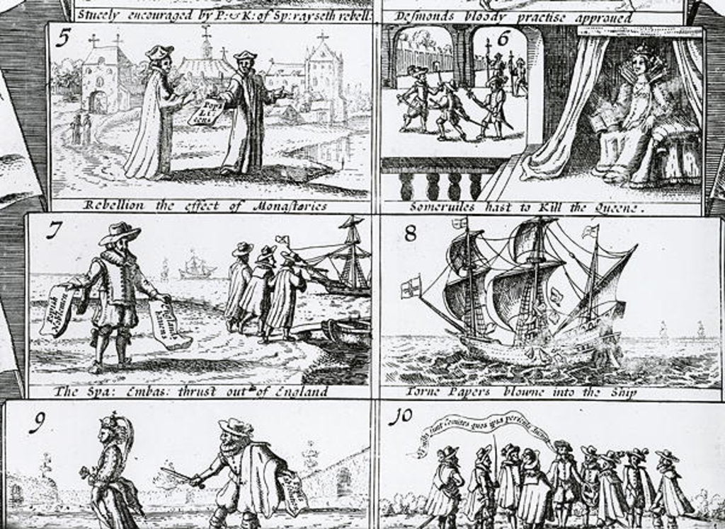 Detail of Rebellion, the effect of monasteries; Somerville's haste to kill the Queen; The Spanish Ambassadors thrust out of England; Torn papers blown into the ship by English School