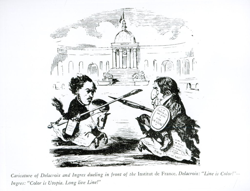 Detail of Caricature of Delacroix and Ingres duelling in front of the Institut de France, c.1828 by French School