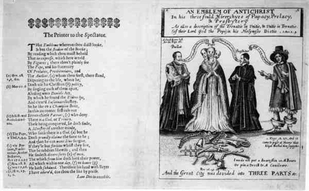 Detail of An Emblem of the Antichrist in his Threefold Hierarchies of Papacy, Prelacy, and Presbytery, 1649 by English School