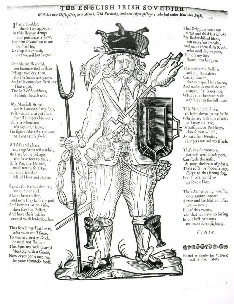 Detail of The English Irish Soldier, with his New Discipline, New Arms, Old Stomach, and New Taken Pillage: Who had Rather Eat than Fight, satirical broadsheet, pub. 1642 by English School