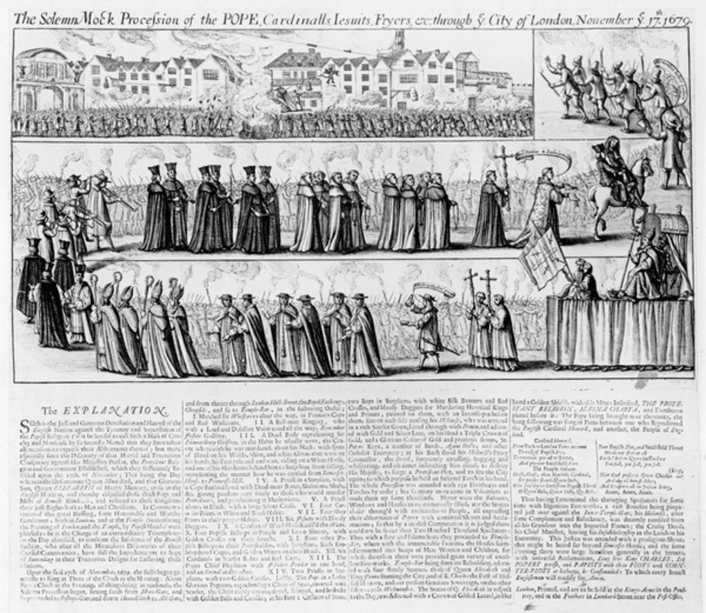 Detail of The Solemn Mock Procession of the Pope, Cardinals, Jesuits and Fryers Through the City of London on 'Queen Elizabeth's Day', 17th November 1679 by English School