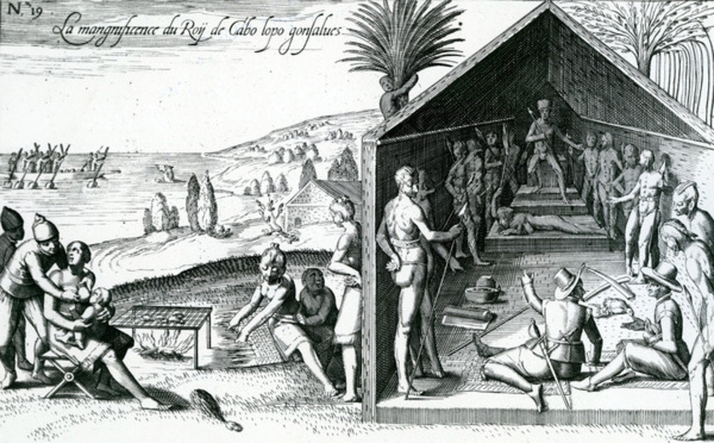 Detail of The king receiving European visitors, Cape Lopez, Gabon, Africa, 16th century by Theodor de Bry