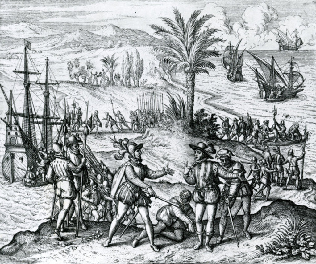 Detail of Francisco de Bobadilla arriving as Governor and arresting Christopher Columbus in Hispaniola, 1500, 1590 by Theodor de Bry
