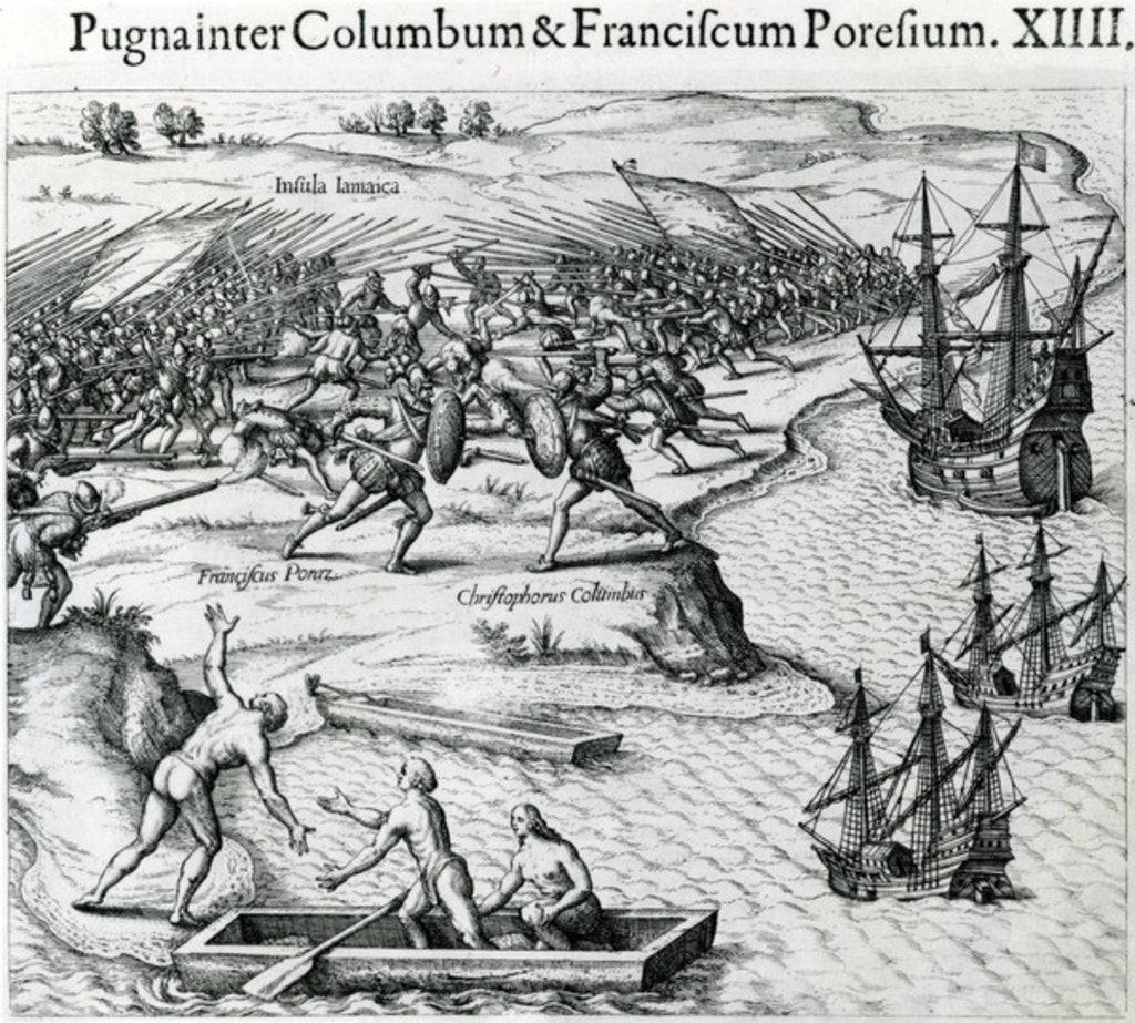 Detail of Battle in Jamaica between Christopher Columbus and Francisco Poraz, 1504 by Theodor de (after) Bry