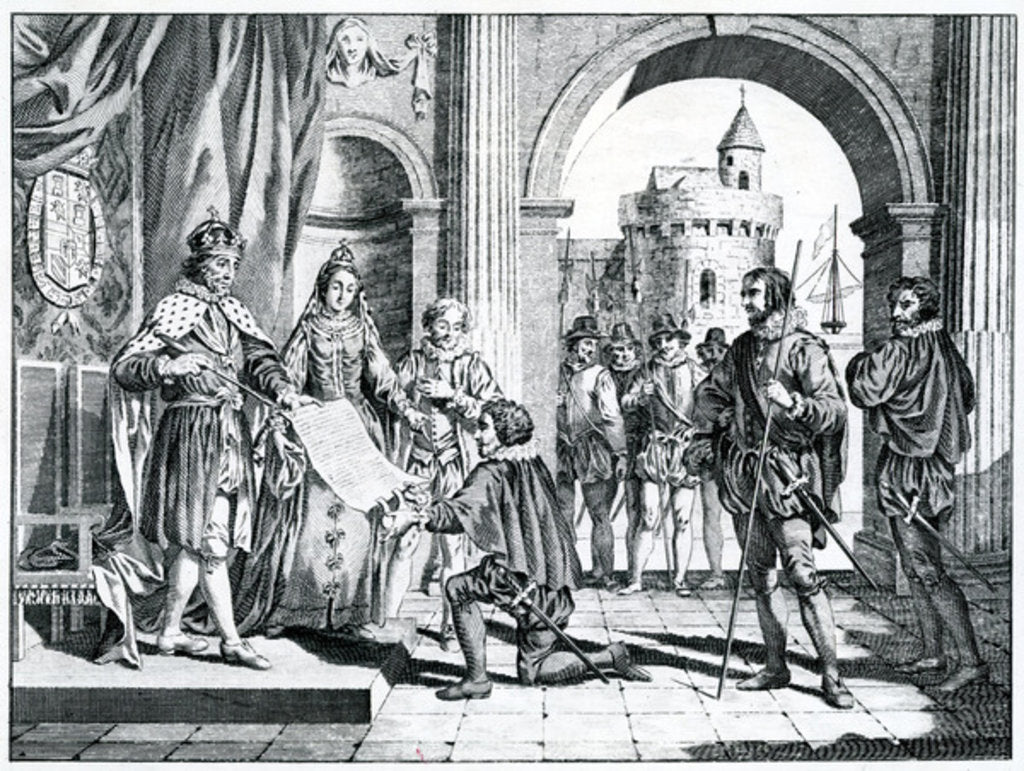 Detail of Christopher Columbus presenting an account of his discovery of America to the King and Queen of Spain by Charles Grignion