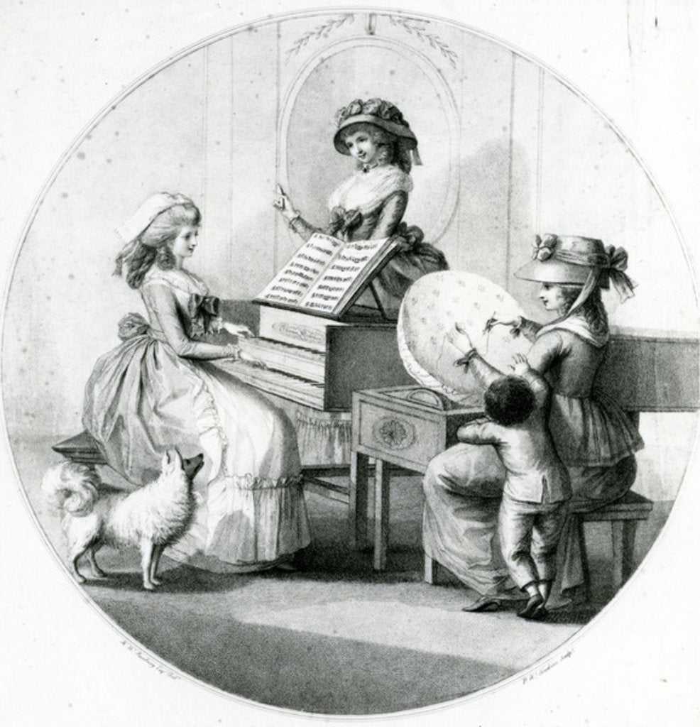 Detail of Morning Employments, Three Young Girls with Spinet and Embroidering by Henry William Bunbury