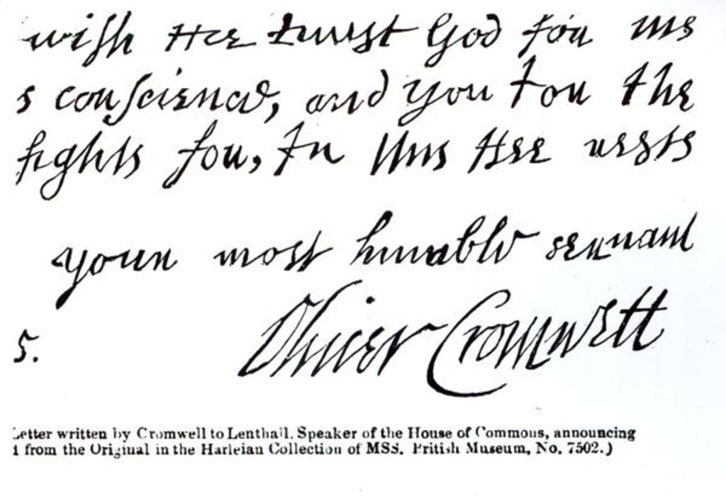 Detail of Signature of Oliver Cromwell, from a handwritten letter to Lenthall, Speaker of the House of Commons by English School