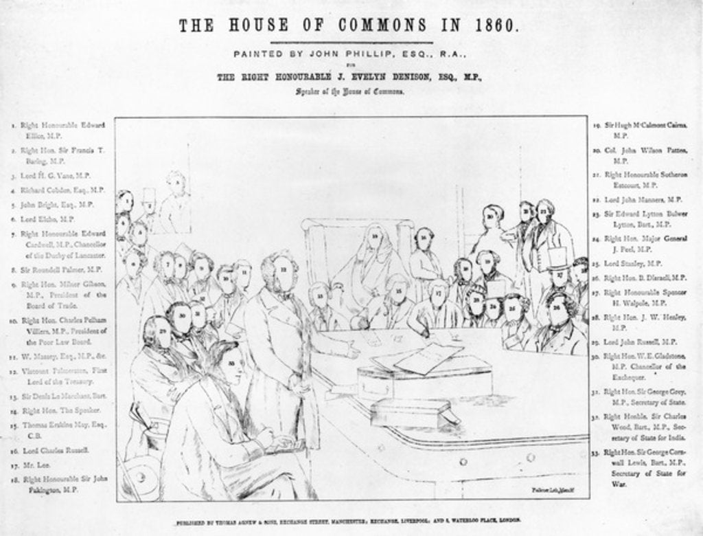 Detail of The House of Commons in 1860: Lord Palmerston Addressing the House during the Debate on the Treaty with France, plan of the portraits by John Phillip (after)