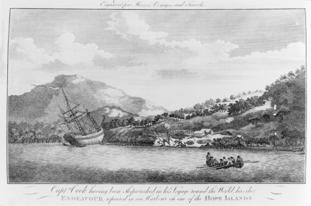 Detail of Captain Cook having been shipwrecked in his voyage round the world has the Endeavour repaired in a harbour on one of the Hope Islands, c.1786 by Sydney Parkinson