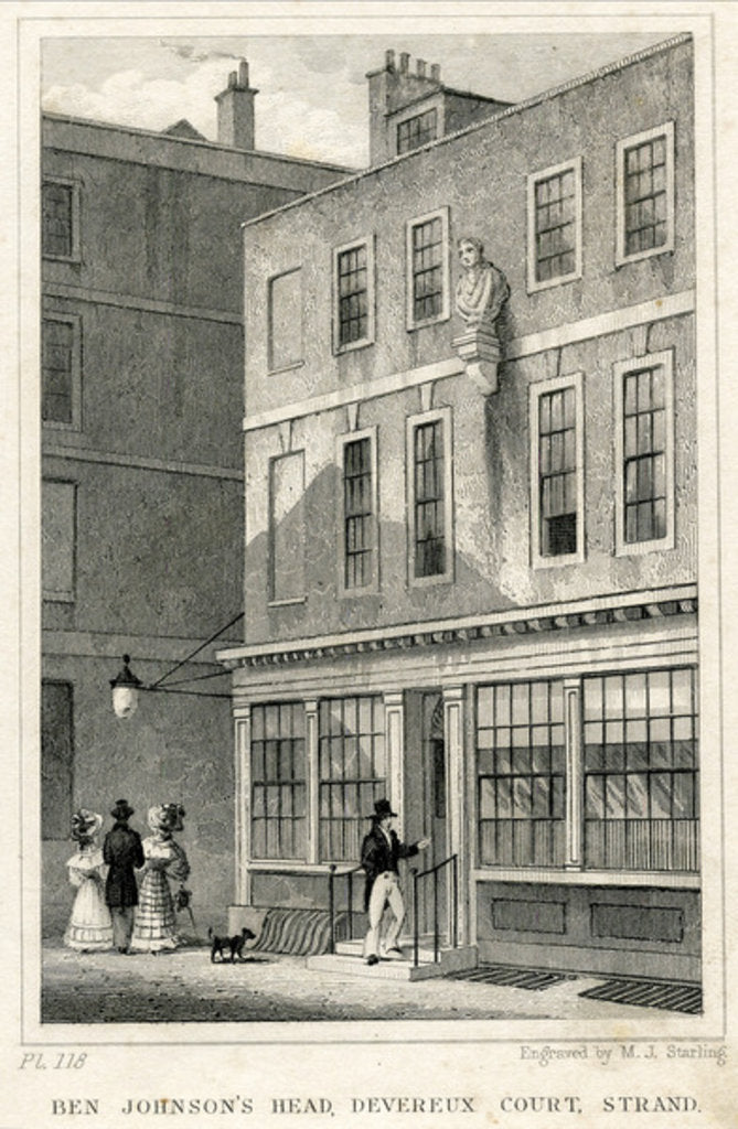 Detail of The Grecian Coffee House, Devereux Court, Strand, featuring a bust of Ben Johnson by English School