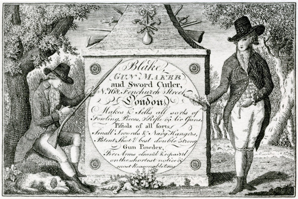 Detail of Blake, Gunmaker and Sword Cutler, gun case label by English School