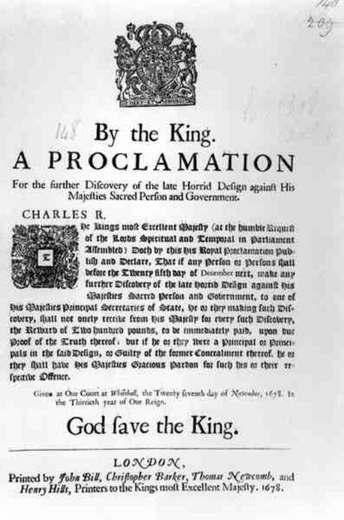 Detail of A Proclamation by the King, for the Further Discovery of the Late Horrid Design Against His Majesties Sacred Person and Government by English School