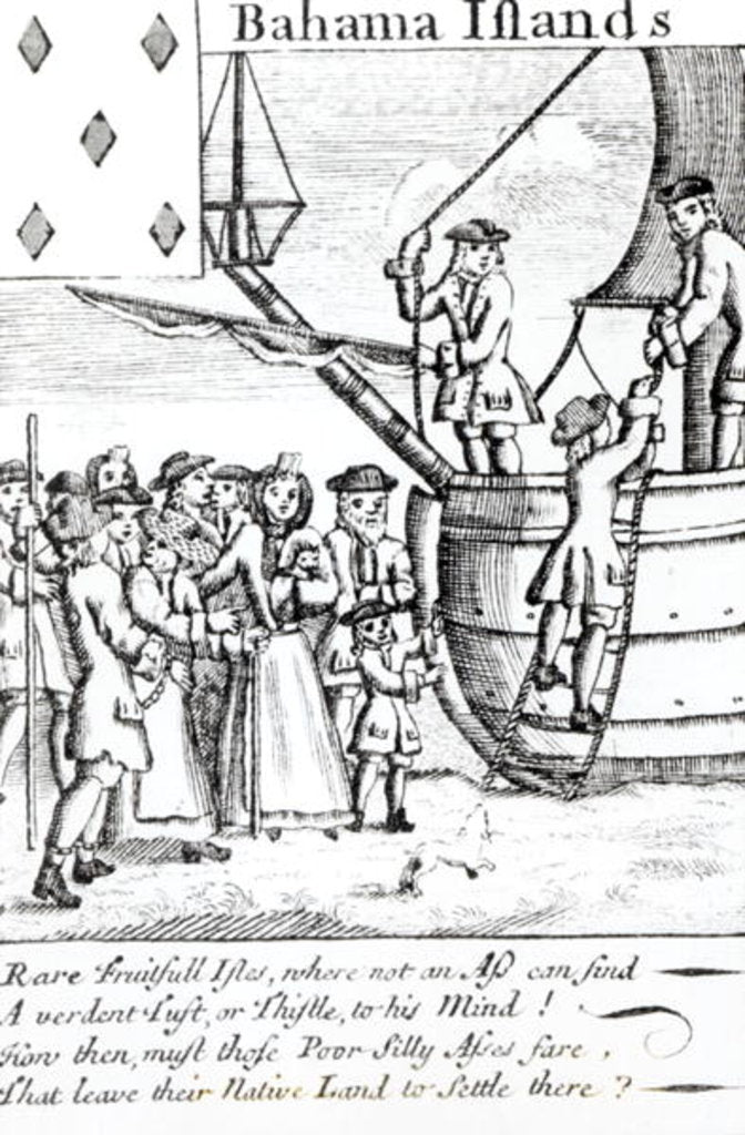 Detail of Playing card depicting immigrants arriving in the Bahama Islands by English School