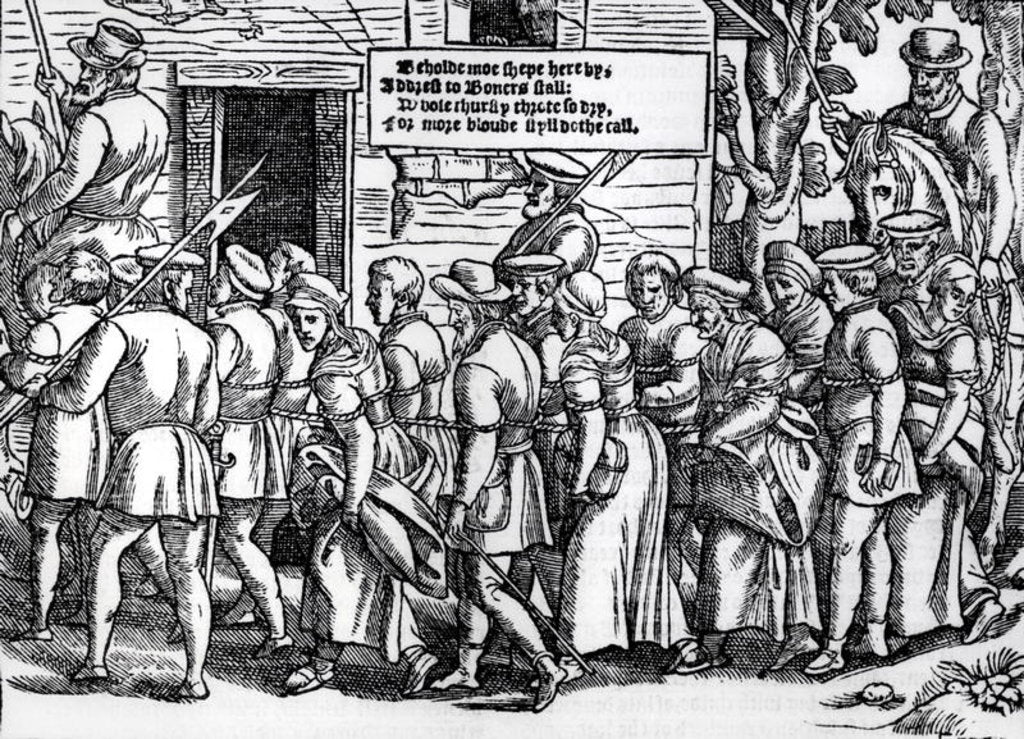 Detail of Protestants, roped together, being led to London for trial by English School