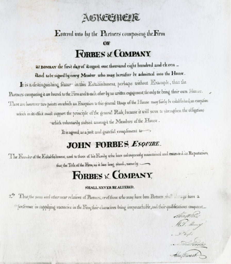 Detail of Partners agreement for Forbes & Company, Bombay, 1811 by Scottish School