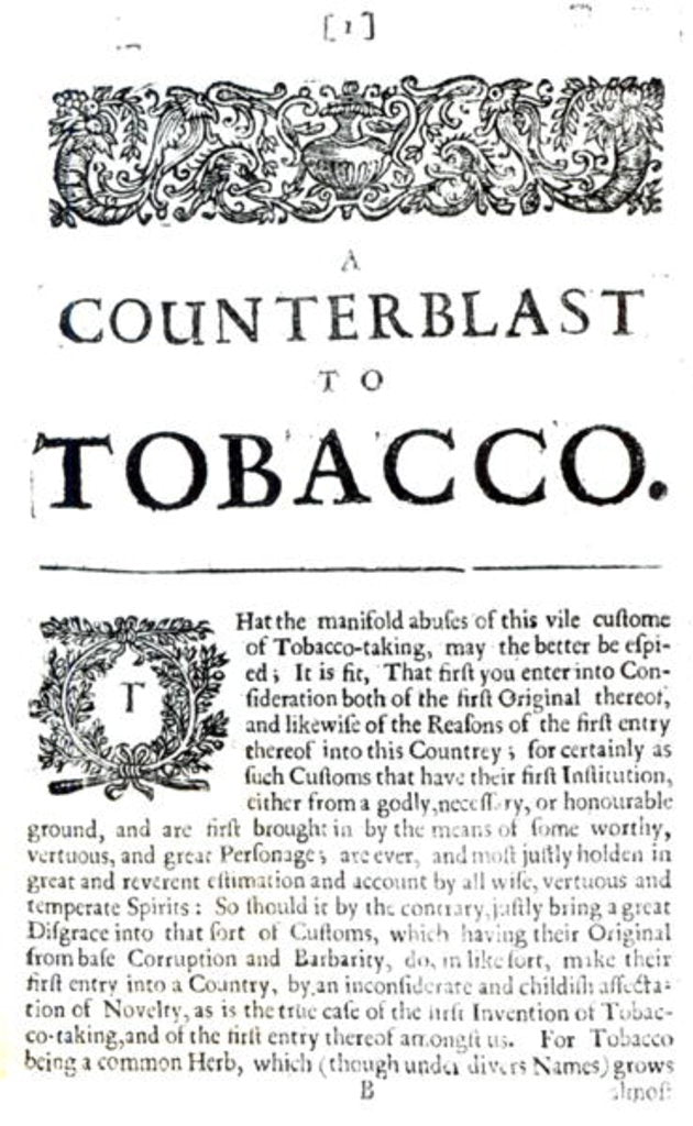 Detail of A Counterblast to Tobacco, a treatise written by James I of England published in an anti-smoking pamphlet, 1672 by English School
