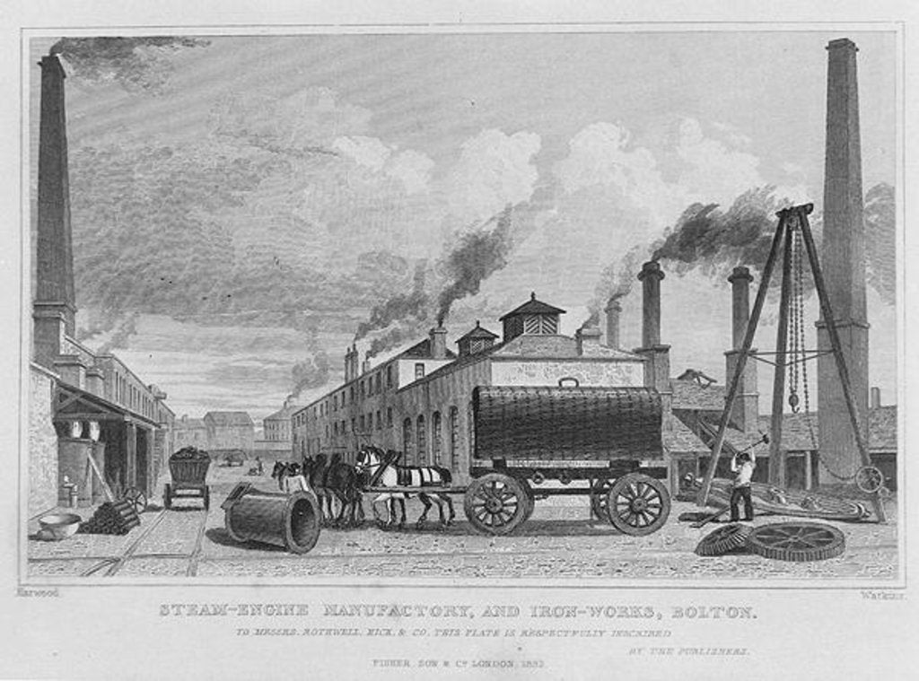 Detail of A Steam-Engine Manufactory and Iron Works at Bolton, by Harwood by English School