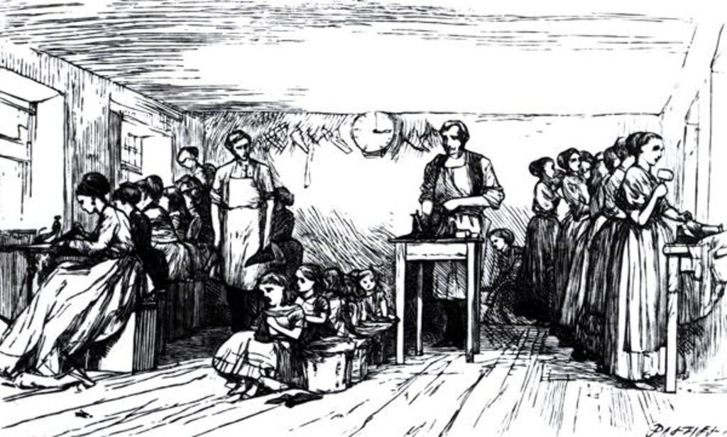 Detail of Women and Children Making Shoes by English School