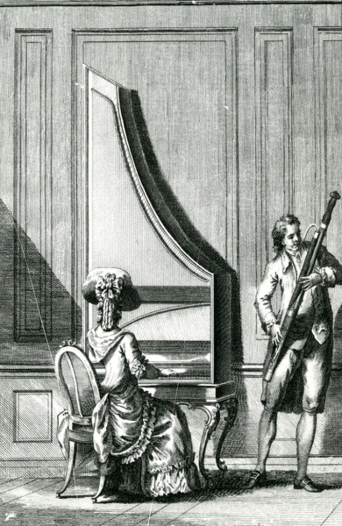Detail of Musicians playing an upright clavicord and a bassoon by French School