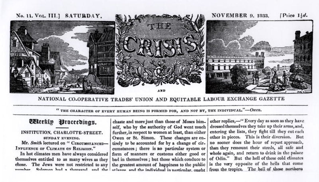 Detail of Front page of the 'National Co-operative Trades' Union and Equitable Labour Exchange Gazette', 9 November 1833 by English School
