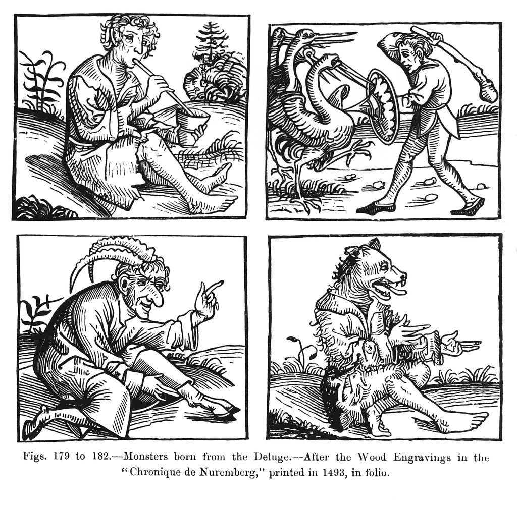 Detail of Monsters born from the Deluge, after the wood engravings in the 'Chronique de Nuremberg', printed in 1493 by German School